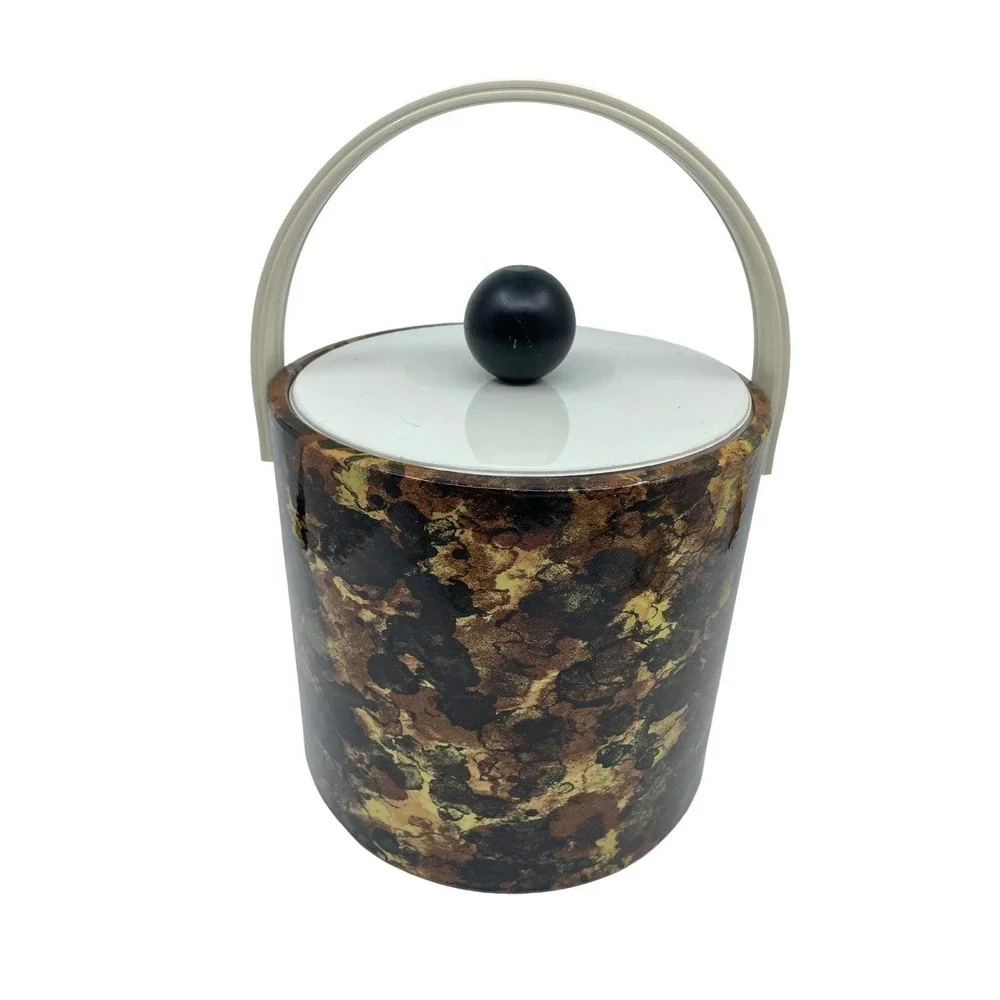 1970s Vintage Faux Tortoiseshell Ice Bucket Black  Knob Lid